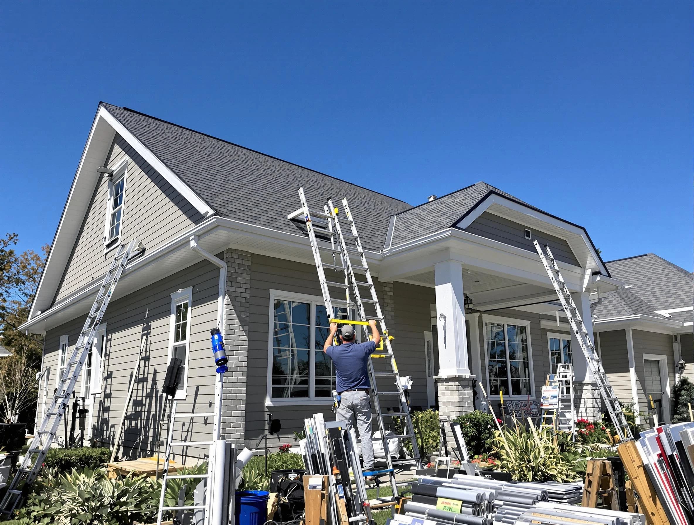 Avon Lake Roofing Company fitting rain gutters at a home in Avon Lake, OH